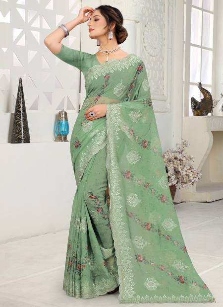 Pista Colour Latest Fancy Party Wear Orgenza Digital Print With Embroidered Saree Collection 1084